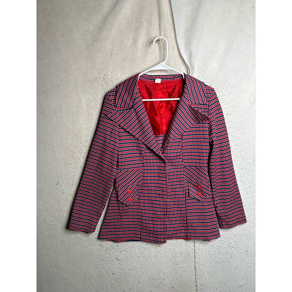 Vintage 70s ILGWU Union Made Red White Blue Plaid Blazer Jacket Size 11